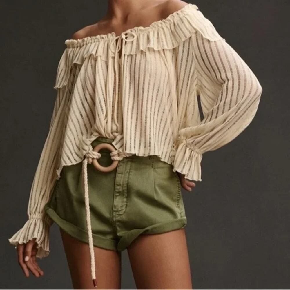 Anthropologie Women's Cream Sheer Striped Cropped Blouse Top Size Medium